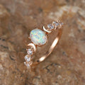 18k Gold plated ring, opal moon stone, zircon side stones, triple moon goddess witchy ring