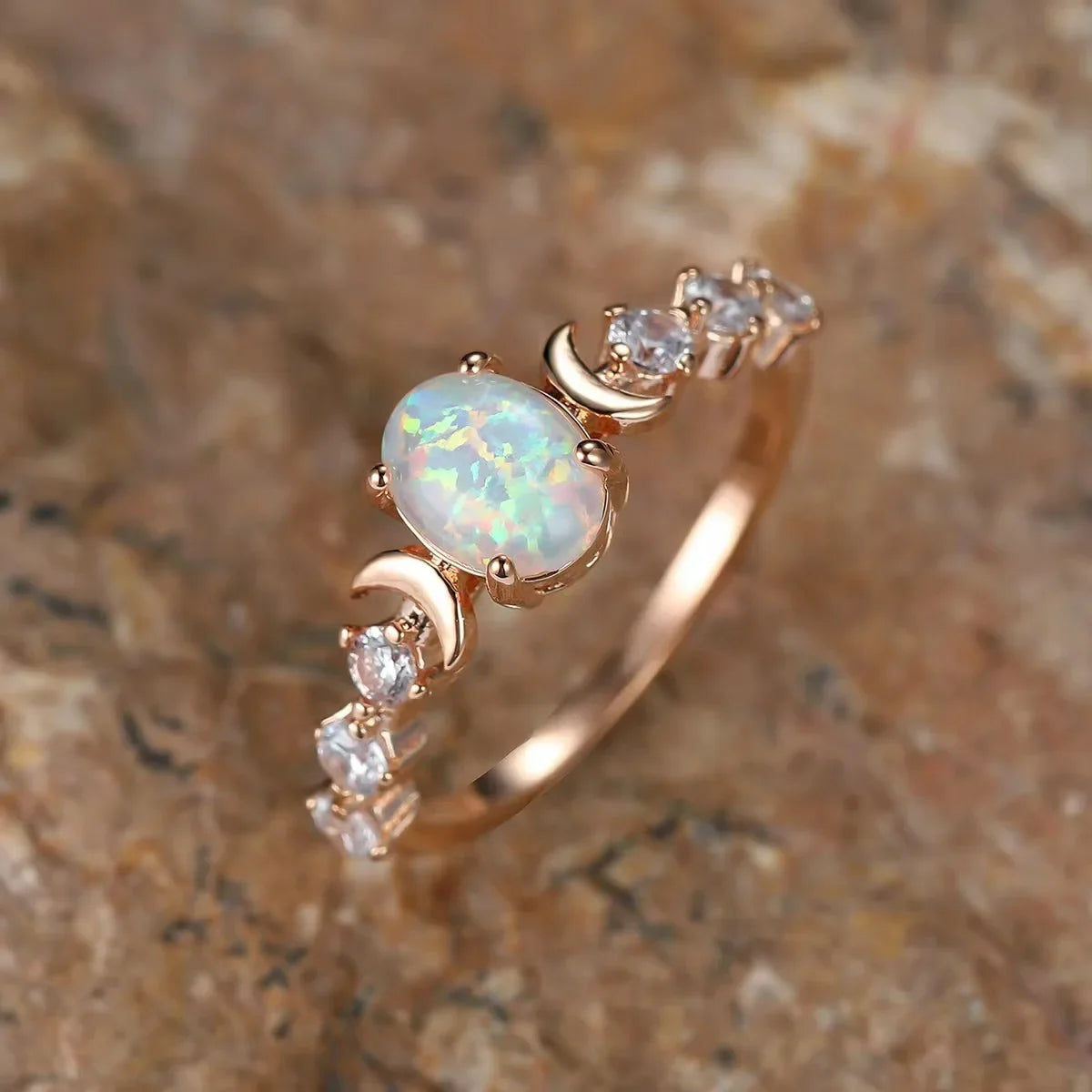 18k Gold plated ring, opal moon stone, zircon side stones, triple moon goddess witchy ring