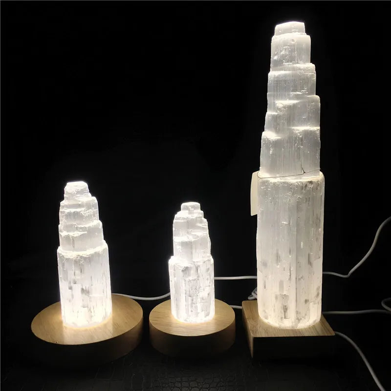 Lit VVitch ~ Natural Quartz Crystal, Selenite Tower, 10-25CM with light base, Crystal lamp for Home Decor