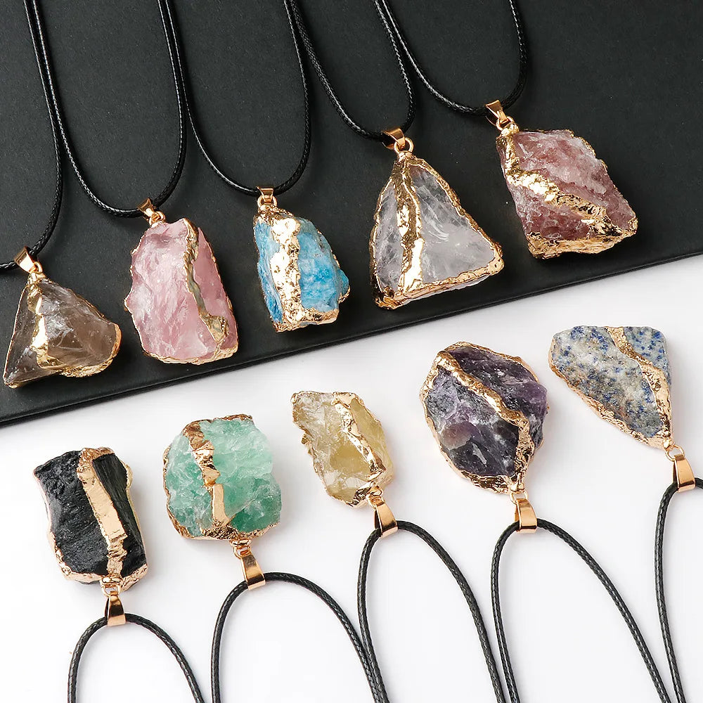 Lit VVitch~ Natural Raw Crystal Pendants, Reiki Healing Stone, Golden Gilding Wrapped for Charm. Jewelry Meditation Balance