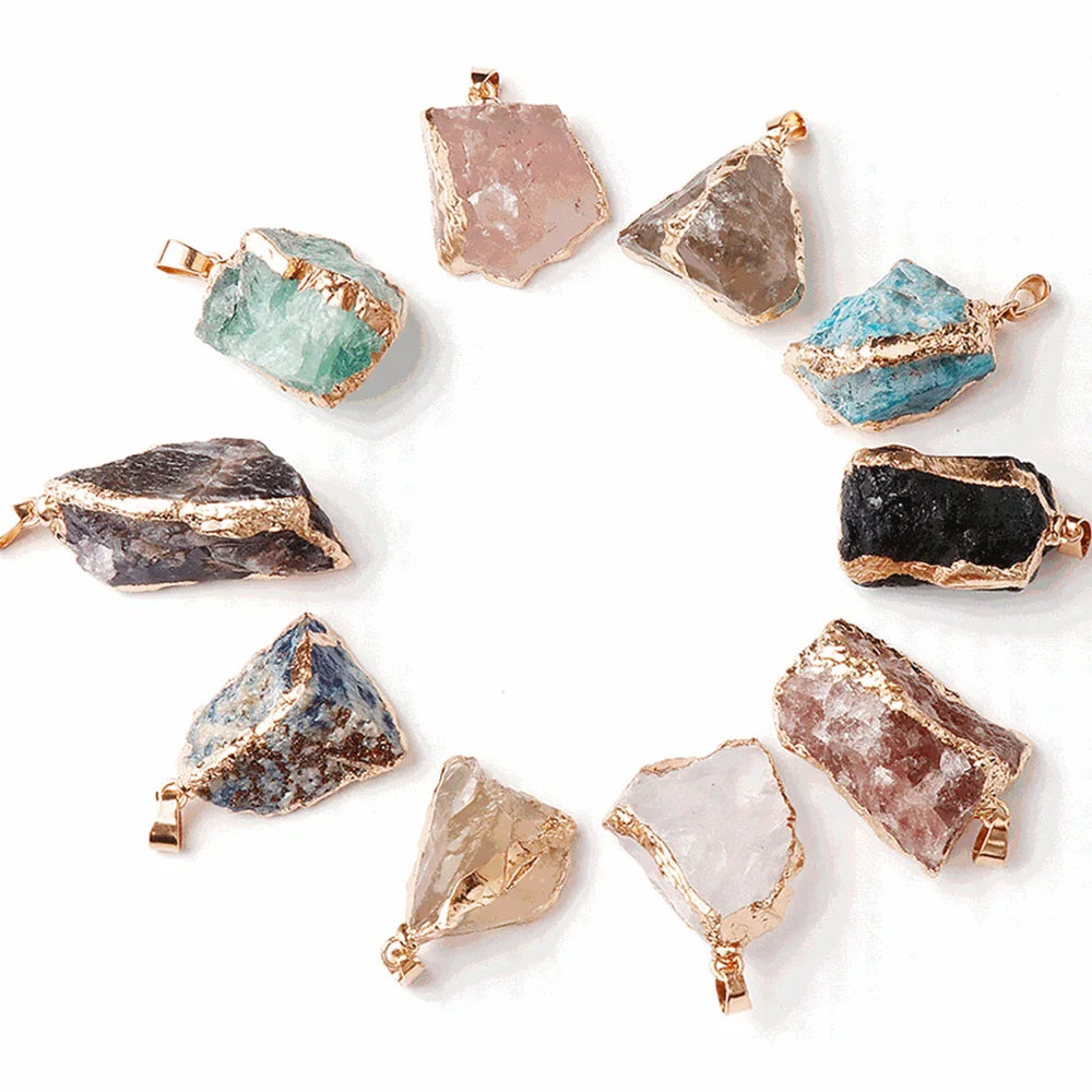 Lit VVitch~ Natural Raw Crystal Pendants, Reiki Healing Stone, Golden Gilding Wrapped for Charm. Jewelry Meditation Balance