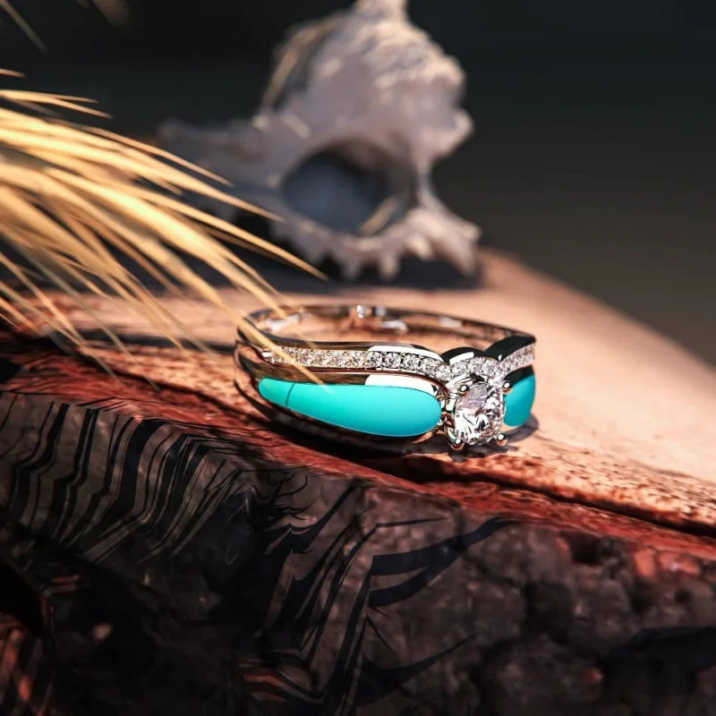 Lit VVitch~ Boho promise ring 2pcs/set, Boho Turquoise Ring, Silver Ring for Women, Witchy Bohemian Boho Jewelry
