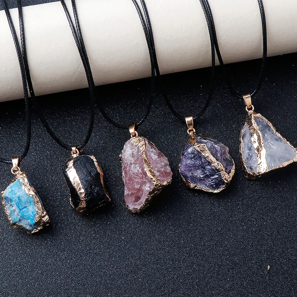 Lit VVitch~ Natural Raw Crystal Pendants, Reiki Healing Stone, Golden Gilding Wrapped for Charm. Jewelry Meditation Balance