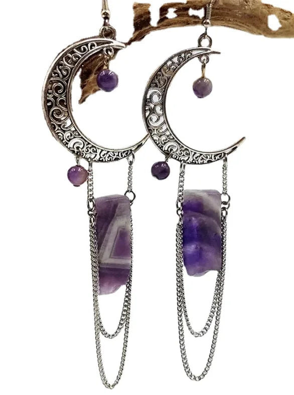Lit VVitch ~ Amethyst Crystal Earrings, Celestial Crescent Moon, Witchy/ Spiritual Earrings