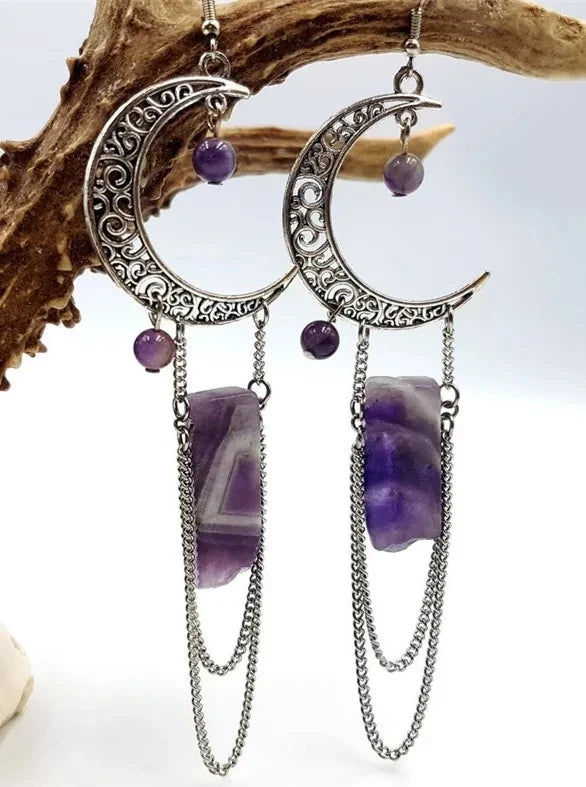 Lit VVitch ~ Amethyst Crystal Earrings, Celestial Crescent Moon, Witchy/ Spiritual Earrings