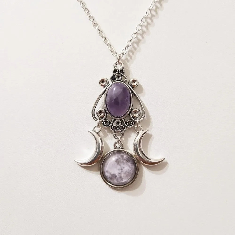 Lit VVitch ~ Triple Moon Goddess Amethyst Pendant Necklace