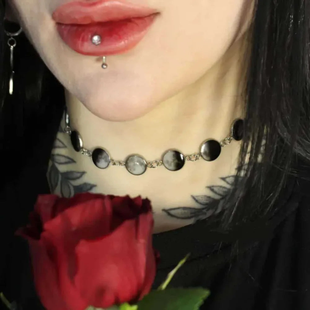 Lit VVitch~ Moon Phase Choker Silver Tone Lunar Cycle Necklace Witches/ Wiccan Jewelry
