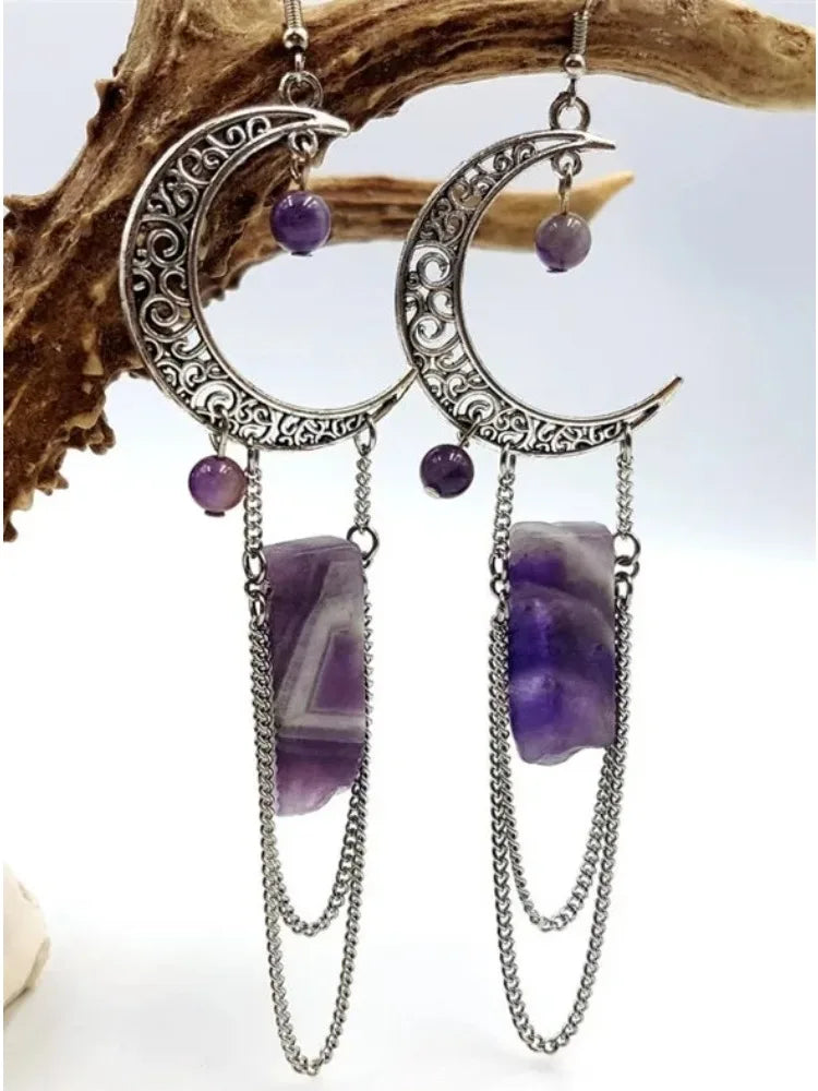 Lit VVitch ~ Amethyst Crystal Earrings, Celestial Crescent Moon, Witchy/ Spiritual Earrings
