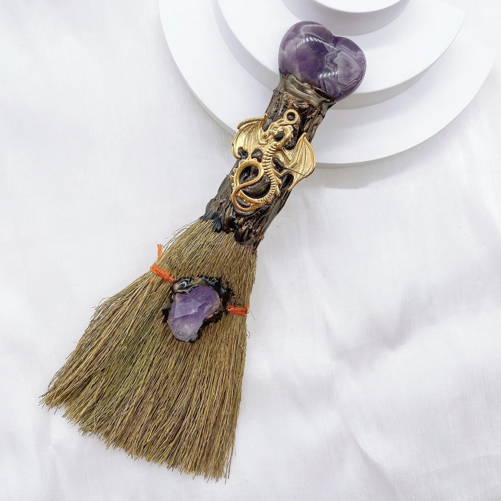 Lit VVitch ~ Natural Amethyst Crystal Quartz Magic Broom. Reiki Healing, Witch Besom, witchcraft tool