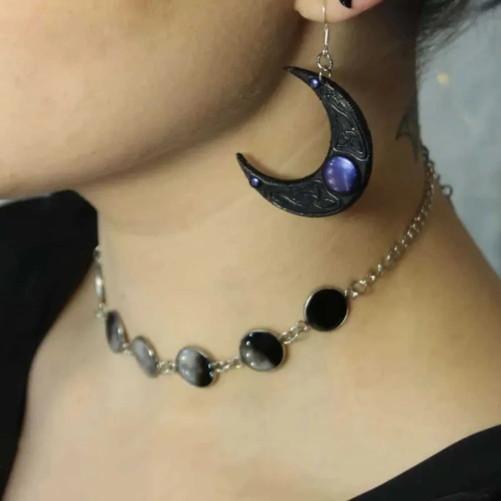Lit VVitch~ Moon Phase Choker Silver Tone Lunar Cycle Necklace Witches/ Wiccan Jewelry