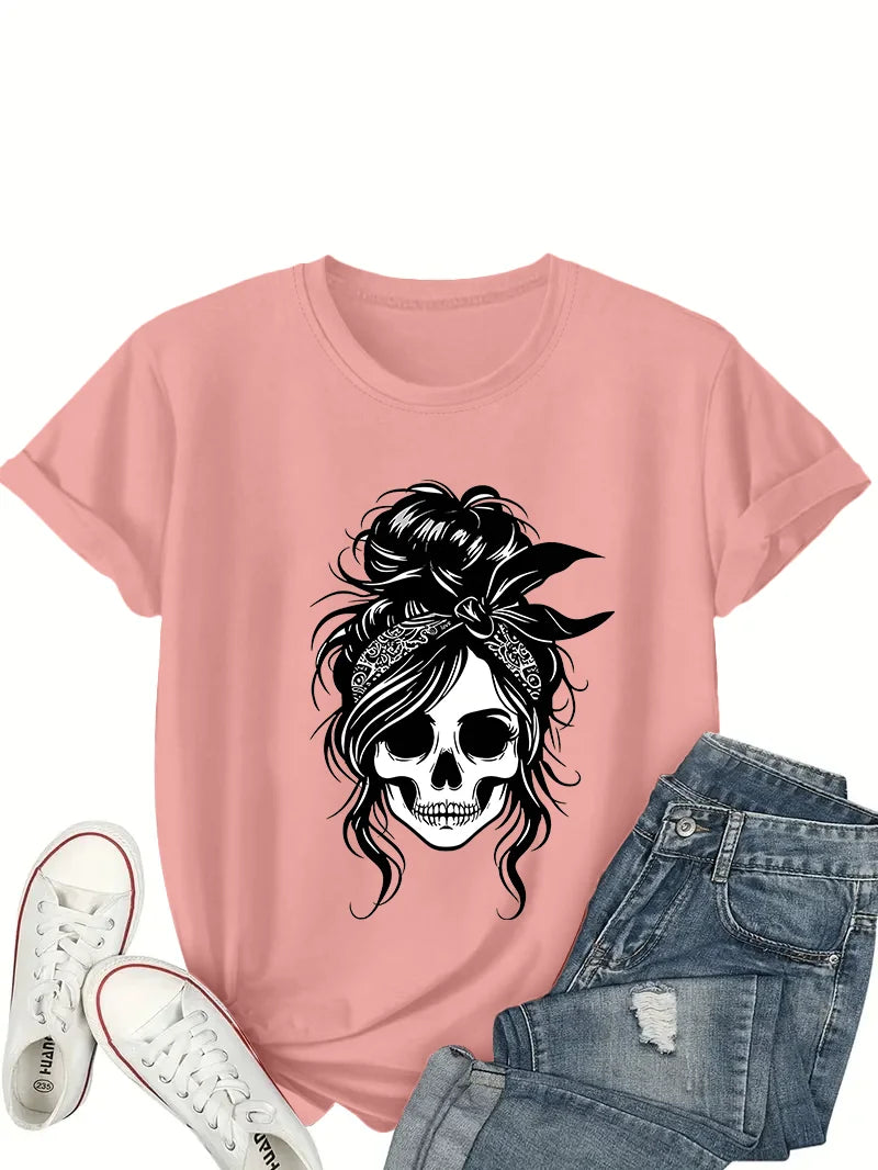 Lit VVitch ~ Women's Skull T-Shirt - Black Geometric Skull & Floral Print