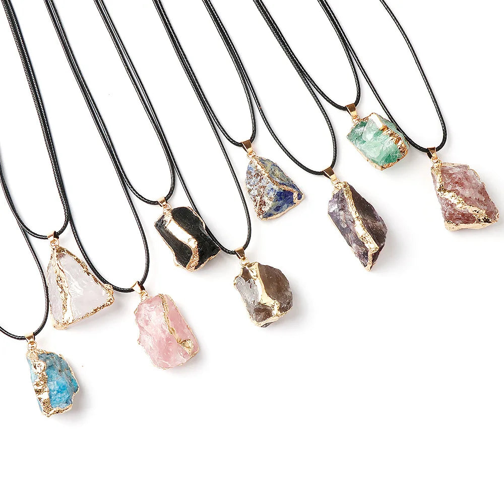 Lit VVitch~ Natural Raw Crystal Pendants, Reiki Healing Stone, Golden Gilding Wrapped for Charm. Jewelry Meditation Balance