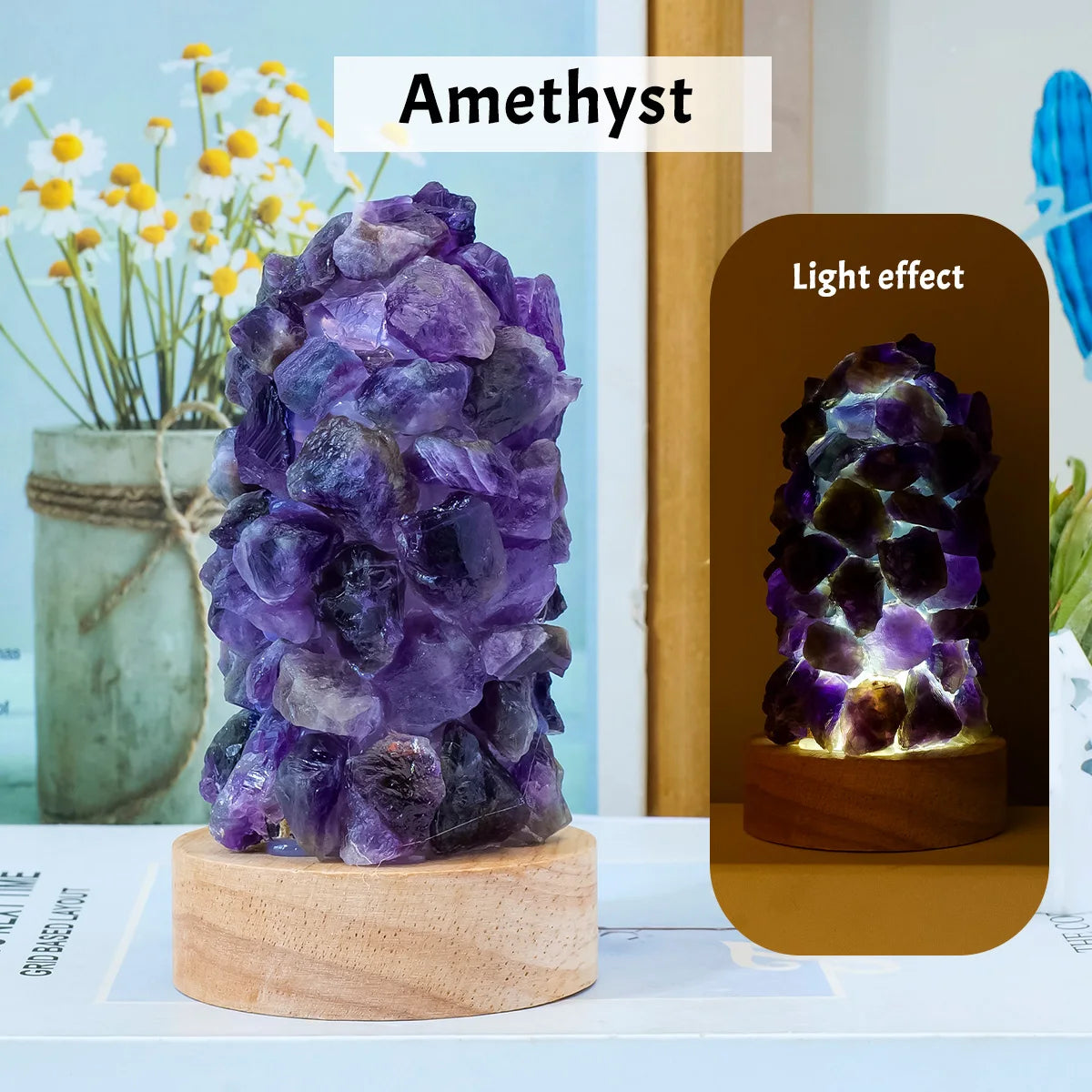 Lit VVitch ~ Crystal Wishing Lamp with Natural Amethyst Raw Stones, witchy Night Light, Crystal lamp