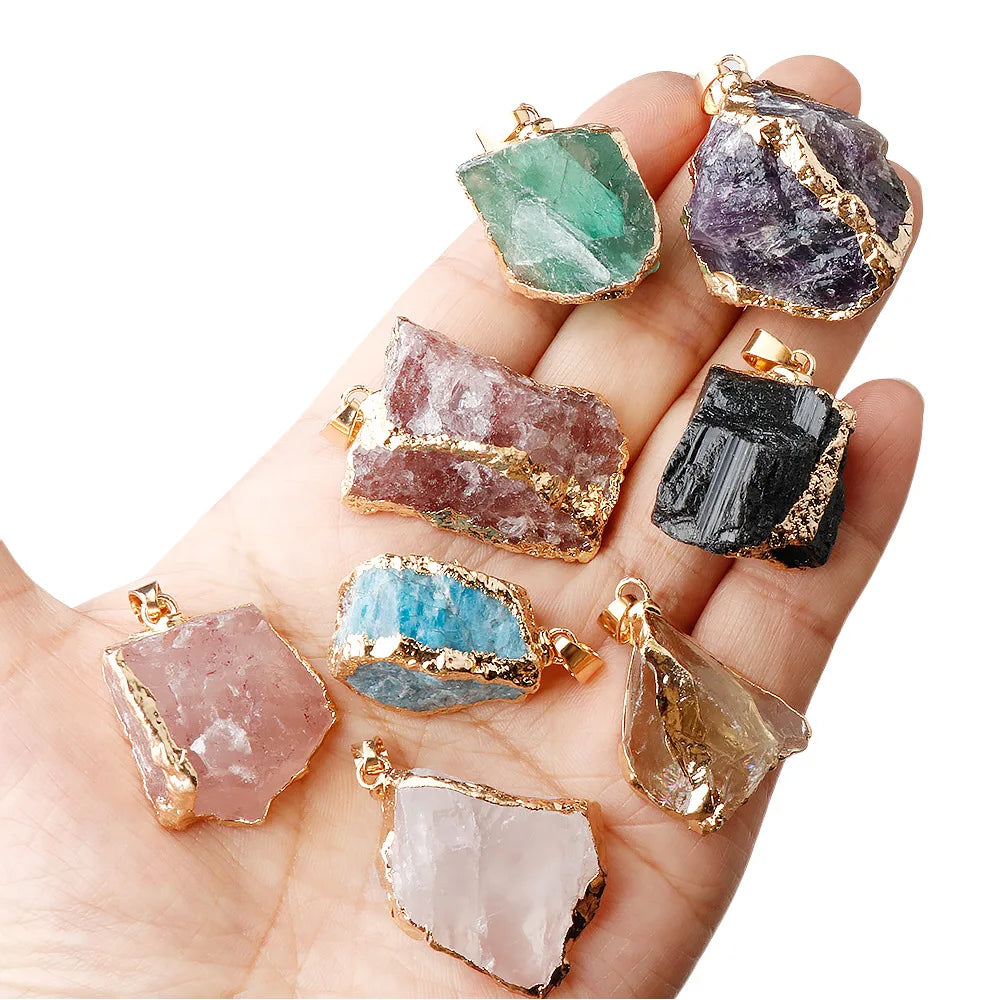 Lit VVitch~ Natural Raw Crystal Pendants, Reiki Healing Stone, Golden Gilding Wrapped for Charm. Jewelry Meditation Balance