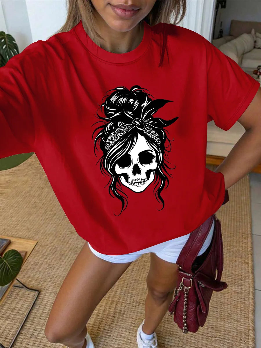 Lit VVitch ~ Women's Skull T-Shirt - Black Geometric Skull & Floral Print