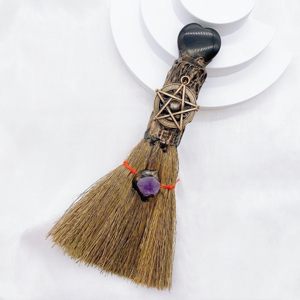 Lit VVitch ~ Natural Amethyst Crystal Quartz Magic Broom. Reiki Healing, Witch Besom, witchcraft tool