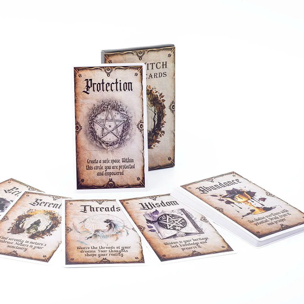 Witch cards with various designs and text on a white background